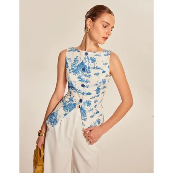 Commense Jackets & Blazers - Commense Women’s Sleeveless Toile Print Vest Size L Blue Cream Button Front NWT